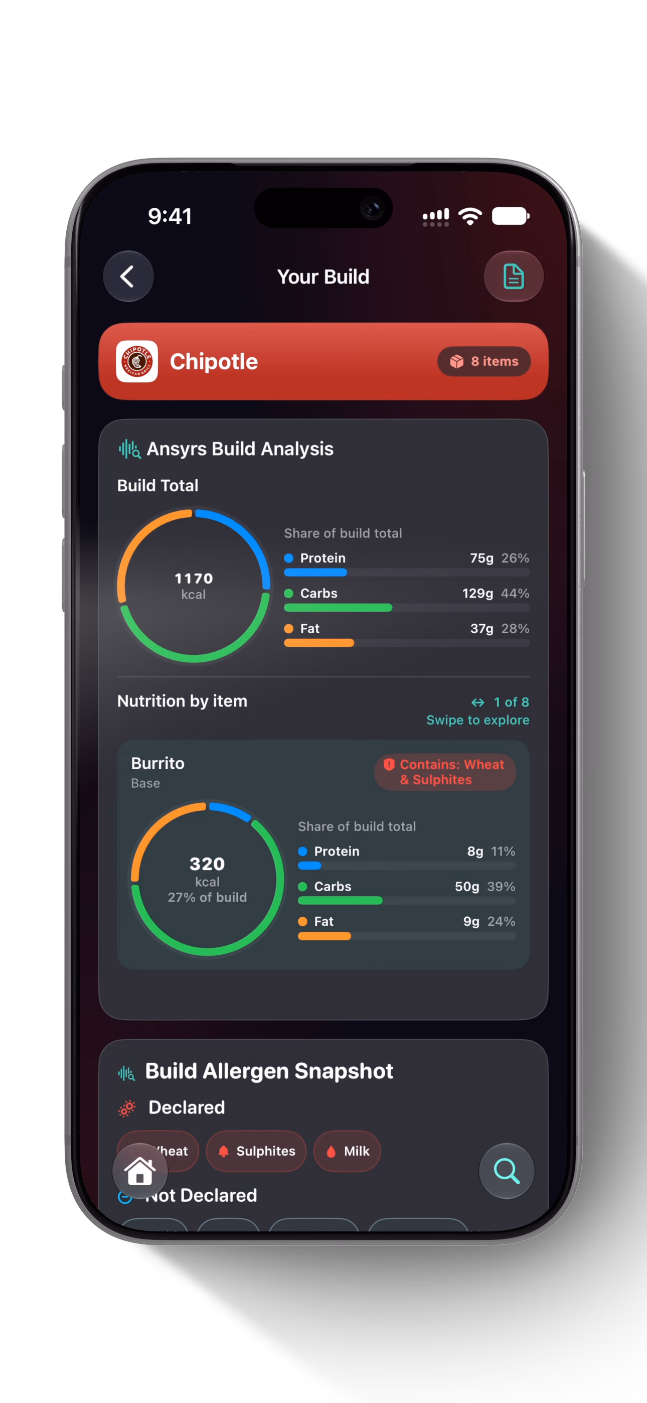 Chipotle build results with nutrition analysis and allergen details in Ansyrs