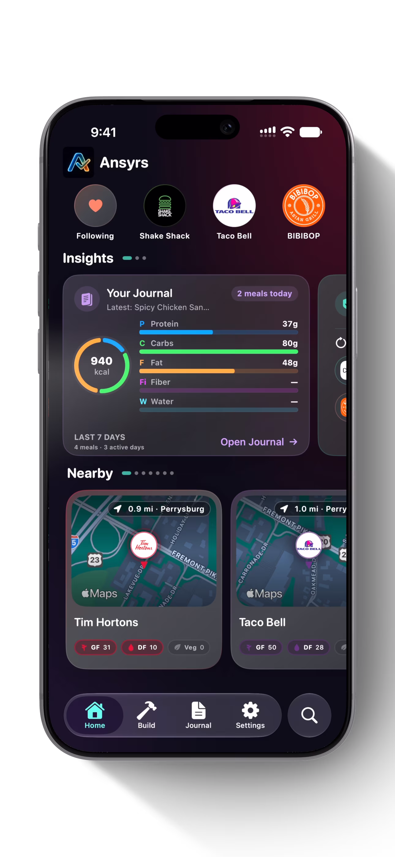 Ansyrs home screen with nutrition insights and nearby restaurants