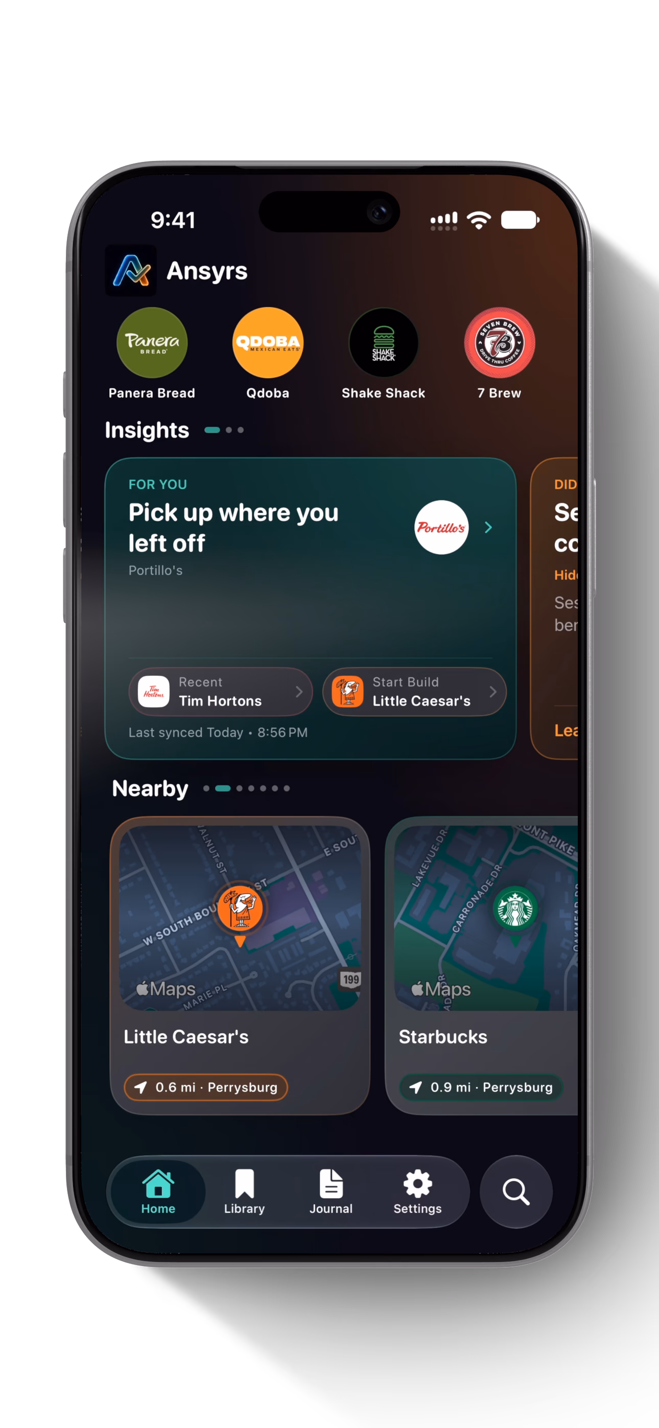 Ansyrs home screen with nutrition insights and nearby restaurants