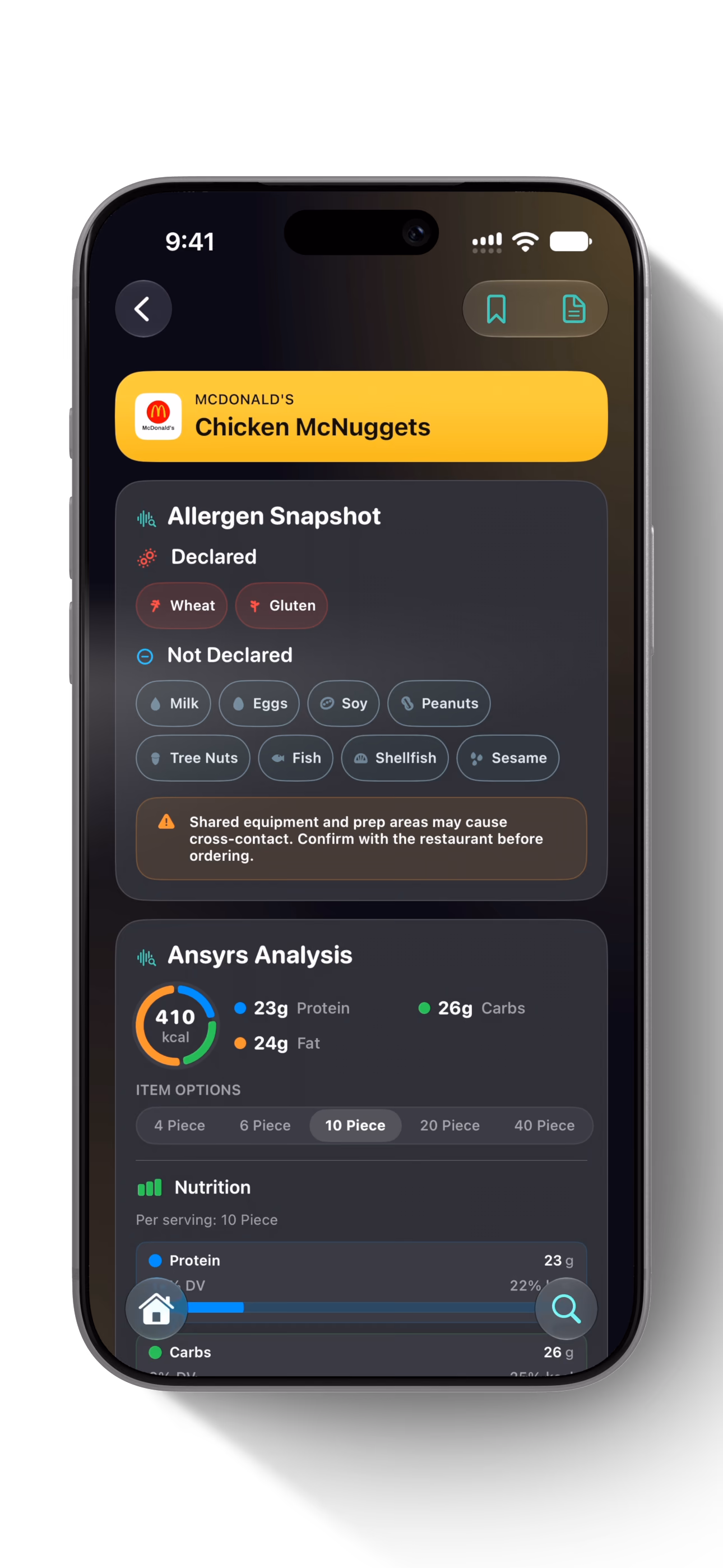 McDonald's Chicken McNuggets allergen snapshot and nutrition analysis in Ansyrs