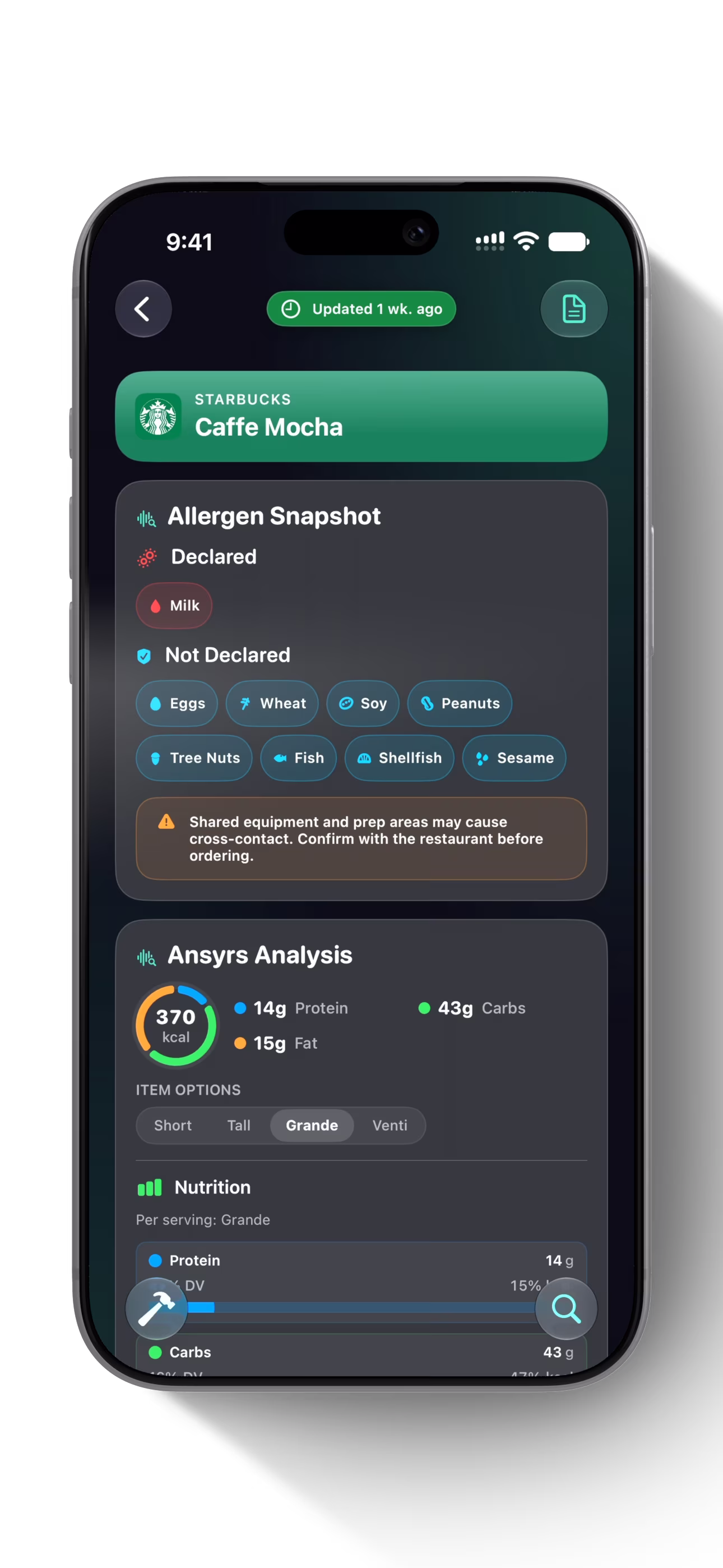 Starbucks Caffè Mocha allergen and nutrition analysis in Ansyrs
